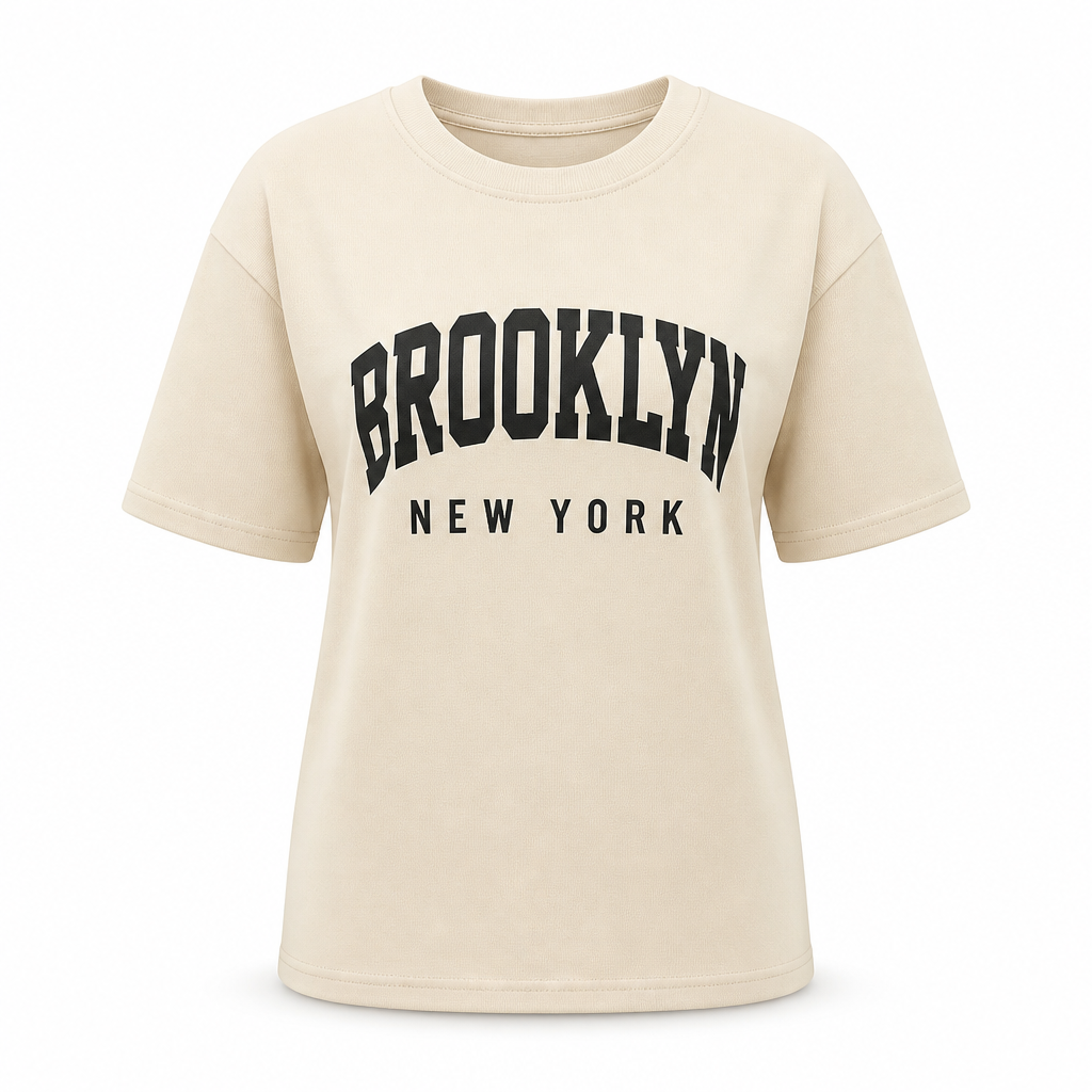 تیشرت زنانه  ZARA اورجینال کرم صدفی چاپ BROOKLYN