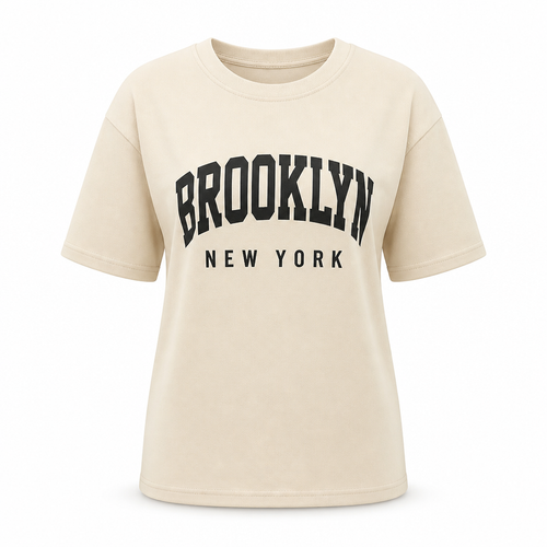 تیشرت زنانه ZARA اورجینال کرم صدفی چاپ BROOKLYN