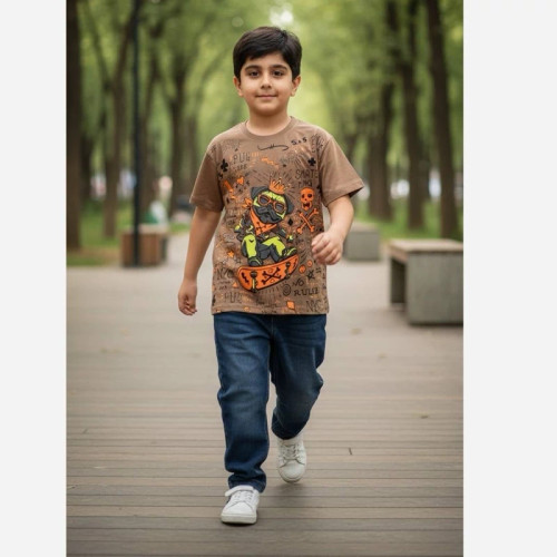 تیشرت پسرانه نخی رنگ نسکافه ای چاپ اعلا و ضمانتی SKATE KING